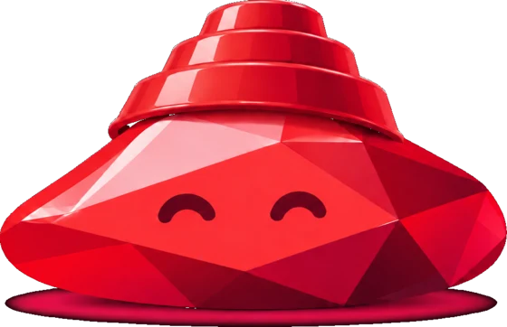 A smiling ruby gem wearing a stacked red cap