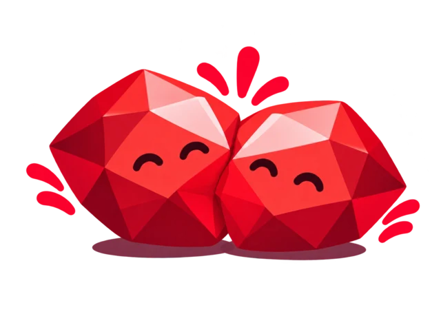 Two smiling ruby gems cuddling together