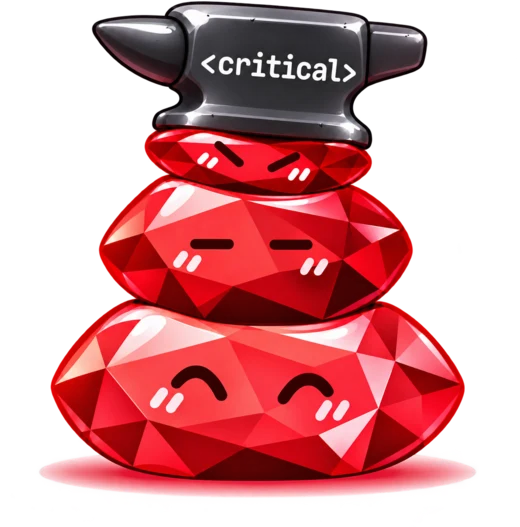 A stack of three ruby gems with an anvil labeled critical on top