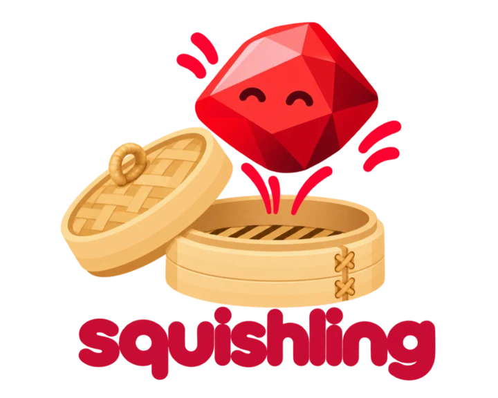Squishling, a smiling ruby gem popping out of a bamboo steamer basket
