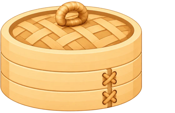 A closed bamboo steamer basket with something inside
